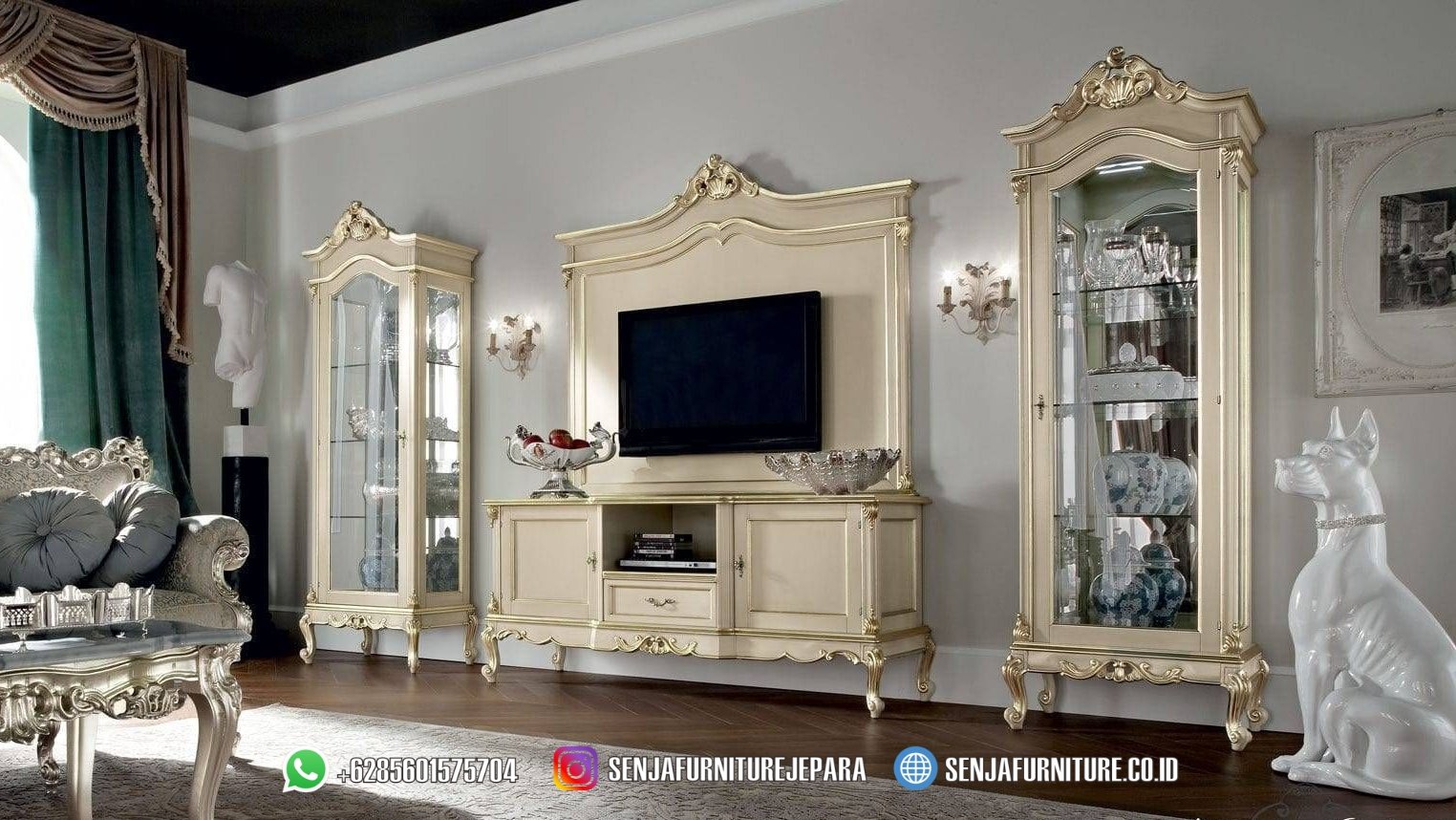 Cabinet Meja TV Klasik Kaca Cat Duco Ivory Gold Hiasan Guci Meja TV Klasik, Almari TV Klasik, Bufet TV Klasik, Bufet TV Mewah, Bufet TV, Bufet TV Minimalis, Bufet TV Kayu Jati, Bufet TV Terbaru, Bufet TV Kaca, Bufet TV Hias, Bufet TV Ukir Jepara, Lemari Hias Klasik, Lemari Hias Minimalis, Meja TV Minimalis, Lemari TV Kayu Jati