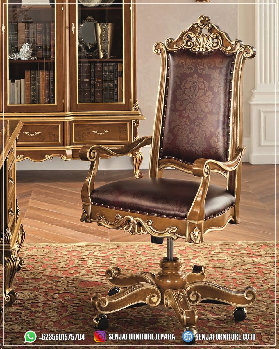 Klasik Gold Kursi Kerja Kulit Motif Flower PU Leather kursi kerja kulit, kursi kantor kulit, kursi kerja direktur, kursi kerja presiden, kursi kerja kulit premium, kursi kantor mewah, kursi kulit asli, kursi kerja PU leather, kursi kerja hidrolik