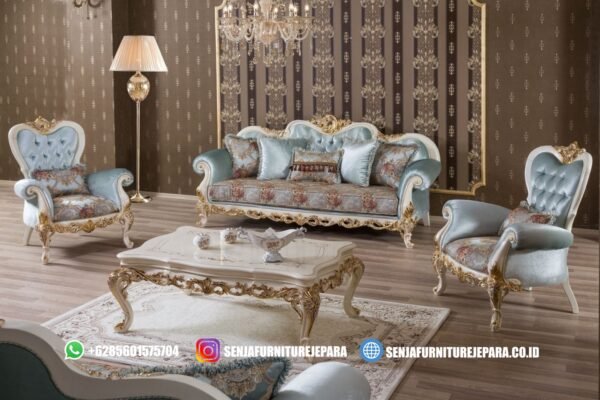 Sofa Tamu Mewah Klasik Blue Sky Kombinasi Gold Prada